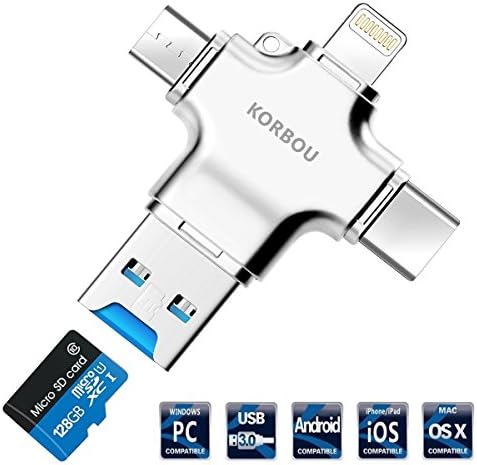 Card Reader, 4 in 1 Micro SD Card Reader with Type C USB Lightning Connector OTG HUB Adapter, TF Flash Memory Card Readers For iPhone, iPad, Mac, PC, Android USB 3.0 (Silver)