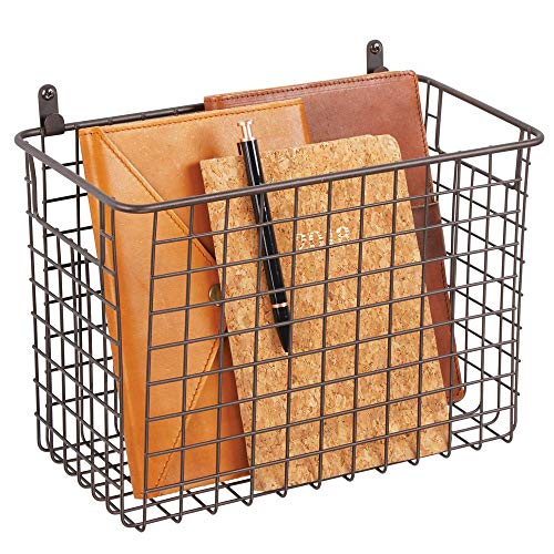 mDesign Portable Metal Farmhouse Wall Decor Storage Organizer Basket Bin with Handles for Hanging in Entryway, Mudroom, Bedroom, Bathroom, Laundry Room - Wall Mount Hooks Included, Large - Bronze
