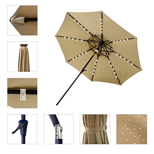 FLAME&SHADE 9 ft Double Top Solar Powered Outdoor Market Patio Table Umbrella with LED Lights and Tilt, Beige