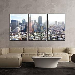 3 Piece Canvas Wall Art - Cityscape with Skyscrapers - Modern Home Art Stretched and Framed Ready to Hang - 16"x24"x3 Panels