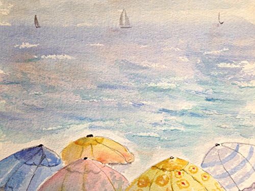 Beach Umbrellas in Summer, 8 by 10 inch painting in a 11x14 inch Mat Ready to Frame, Redondo Beach, California -- Original Watercolor Wall Art - Hand Painted