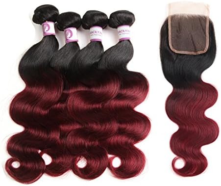 Racily Hair Body Wave Ombre Brazilian Hair Bundles with Part Closure Black to Dark Red Virgin Brazilian Hair Bodywave with 4x4 Lace Closure (20" 20" 22" 22" &amp; Closure 18")