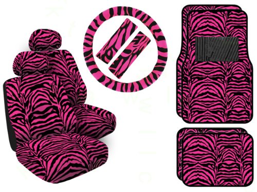 Click Here to See More Images 11 Piece Safari Animal Print Automotive Interior Gift Set - 4 Universal Fit Carpet Floor Mats, 2 Low Back Bucket Seat Covers with Separate Head Rests, Universal Fit Steering Wheel Cover and 2 Seat Belt Shoulder Pads - Hot Pink Zebra
