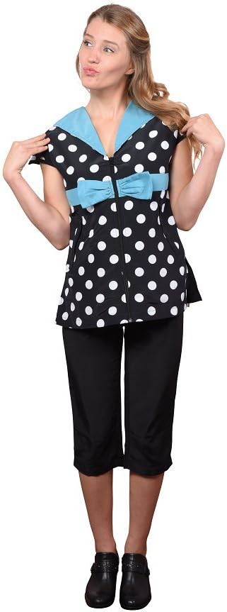 Retro Stylist Wear | Grooming Apparel | Stylist Wear | Barber Apparel | Women's Smock - Cap Sleeve|Polka-dots-light-blue|Size XS