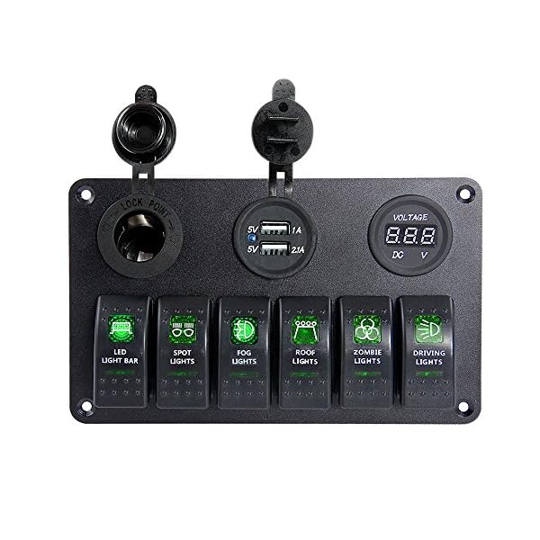 Proelectric-Green-LED-Light-1-Waterproof-MarineBoat-Car-Switch-Panel-6-Gang-USB-Charger-Voltage-Indicator-Power-Socket-5-pin-On-Off-Rocker-Switch