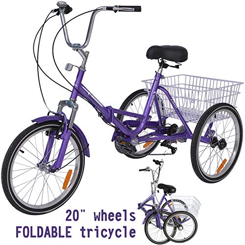 VANELL 20″ 7 Speed Tricycle Adult Trike Cruise Bike – Foldable 3 Wheeled Bicycle – with Large Size Basket Backrest Seat – for Women Men for Shopping Exercise Recreation (Purple, 20″)