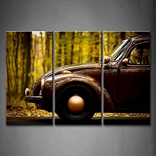 TMD Shop 3 Panel Wall Art Autumn Vintage Car In A Forest Road Leafs Painting Pictures Print On Canvas Car The Picture For Home Modern Decoration piece
