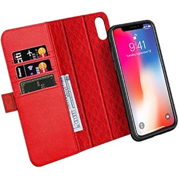 ZOVER Compatible with iPhone Xs/X Case Detachable Genuine Leather Wallet Case Support Wireless Charging Magnetic Car Mount Holder Kickstand Feature Magnetic Closure Gift Box Red