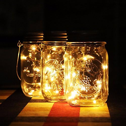 2 Pack Mason Jar Light (Mason Jar & Handle Included) Solar Glass Jars Garden Light Outdoor Hanging Lights / Lantern 10 LED String Fairy Lights for Outdoor Use in Patio, Pathway, Garden, Indoor Use in Party, Bedroom Decor,Warm White