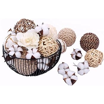 Bag of Assorted Decorative Spherical Natural Woven Twig Rattan and Cotton Bowl and Vase Filler, Balls Spheres Orbs Filler - Brown and White (Brown2)