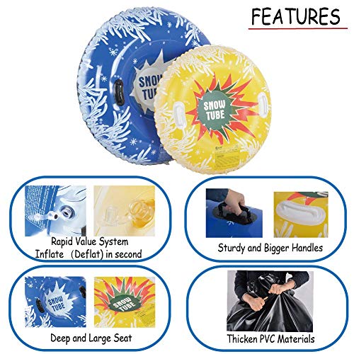 HIWENA Snow Tubes, Inflatable Snow Tubes for Family with 2 Higher Handles, Heavy Duty Snow Sled for Adults, and Snow Toy for Kids, 48 and 37 Inch Snowflake Snow Tubes (2 Pack) (Renewed) - Thumbnail 3