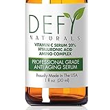 Vitamin C Serum by Defy Naturals - 20% Clinical Strength Potency - Organic Vitamin C / Hyaluronic Acid / Amino Complex - ANTI AGING Formula Lets You Defy Your Age Everyday! Eliminate Lines, Wrinkles, Aging Skin and Crows Feet. No Fillers or Additives. 100% Satisfaction Guarantee! (Original Organic, 1 Oz)