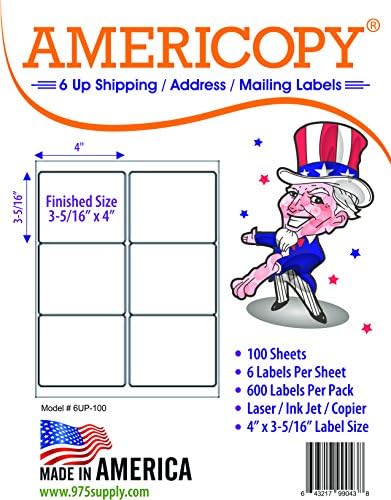 6 Up Shipping and Mailing Labels, Americopy, 4 x 3 5/16 inches, Made in The United States(600 Labels)