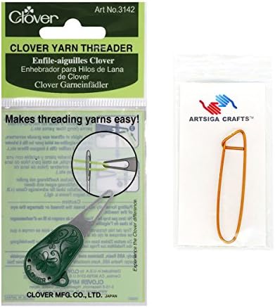 CloverYarn Threader 3142 with Stitch Holder - Green Aluminum Hand Sewing Needle - Includes 1 Threader and 1 Stitch Holder - 3.5 Inches Long - Ideal for Beading