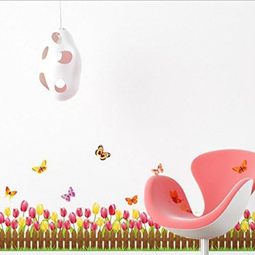Tulips Flowers Butterflies Baseboard Skirting Line Wall Sticker Paper Home Decal Removable Wall Vinyl Living Room PVC Art Picture Murals Waterproof DIY Stick for Adults Kids Baby