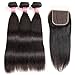 LONG YAO Brazilian Straight Virgin Hair 3 Bundles With Free Part Lace Closure 7A 100% Unprocessed Remy Human Hair Extensions Natural Color