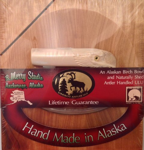 Alaska Carved Caribou Eagle Head Antler Handle Ulu Knife & Birch Board Set