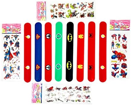 8 Superhero Slap Bracelets for Kids Boys and Girls & 4 Bubble Sticker Sheets | Birthday Party Supplies Favors