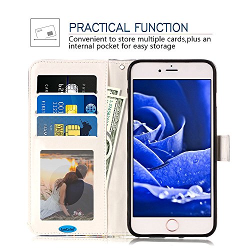 JanCalm iPhone 6/6s Wallet Case [Kickstand Feature] [Card Slots/Side Pocket] [Wrist strap] PU Leather Wallet Magnetic Flip Cell Phone Case Cover for iPhone 6/6S + Crystal pen (Black/Flower) - Thumbnail 2