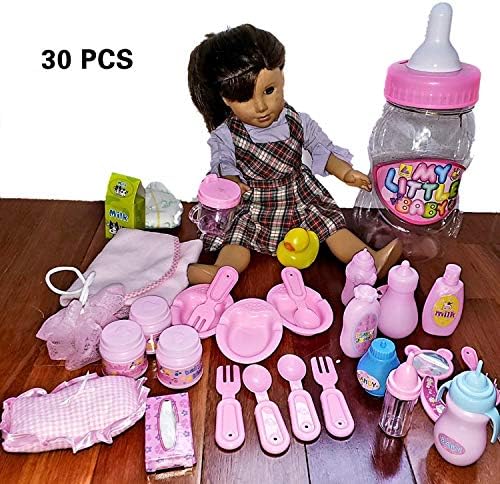 Doll Feeding Set & Bath Doll Accessories, 30 Pc. Baby Doll Bottles, Doll Food Bowls & Utensils, Hair Brush, Diaper, Pacifiers, for 18" American Girl Dolls (Not Included) in Baby Bottle Gift Package
