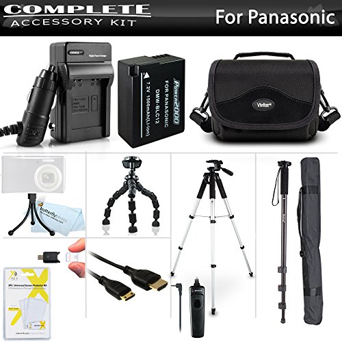Advanced Accessory Kit For Panasonic Lumix DMC-FZ200, DMC-G5, DMC-GH2, DMC-G6KK Digital Camera Includes Extended (1500mAh) Replacement DMW-BLC12 Battery + Ac/Dc Travel Charger + Case + Mini HDMI Cable + 57 Tripod + 67 Monopod + Remote Shutter Release ++