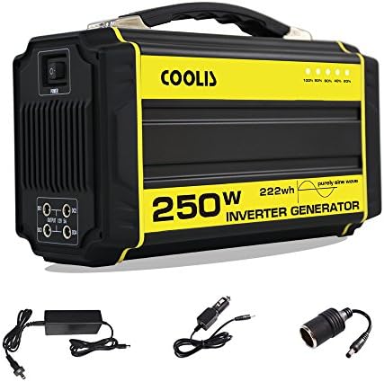Coolis AC 250W Max 300W Purely Sine Wave Power Inverter Generator 222Wh, with Silent 110V AC2 / 12V DC4 / 5V USB2 Output, 60000mAh Recharable Lithium Polymer Battery