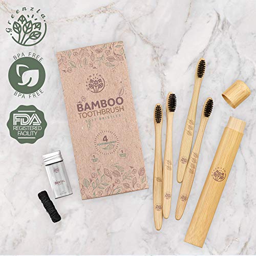 Greenzla Bamboo Toothbrush Set (4 Pack) With Travel Toothbrush Case & Charcoal Dental Floss in Small Jar | Natural Eco Friendly Toothbrushes for Adults | BPA Free & Biodegradable Wooden Toothbrushes