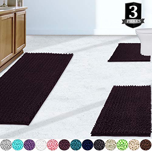 Yimobra Bathroom Rugs Sets 3 Piece, Fluffy Plush Chenille Baht Room Mats Sets with Toilet Rug U Shaped, Soft Shaggy Absorbent Non Slip Shower Rug for Sink, Laundry Room Mat, Machine Washable, Brown