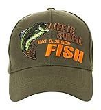 Life is Simple - Eat, Sleep, Fish Camo Hat - Funny Fishing Gift - 100% Cotton Embroidered Cap (Olive)