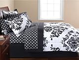 Black & White Damask Full Comforter & Sheet Set (8 Piece Bed In A Bag)