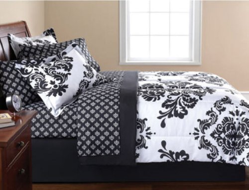 Black & White Damask Full Comforter & Sheet Set (8 Piece Bed In A Bag)