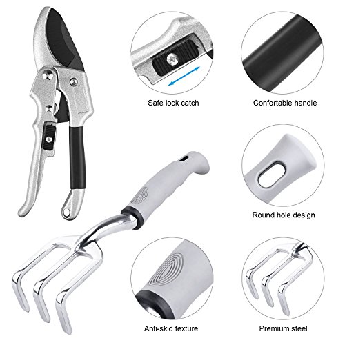 NOUVCOO Upgraded Garden Tool Set with Plant Ties,10 Pieces Stainless Steel Hand Tool Kit,Durable Storage Tote Bag,Pruner,Shovel,Fork,Rake,Shears,Weeder,Gloves,Water Sprayer,Plant Ties NC24