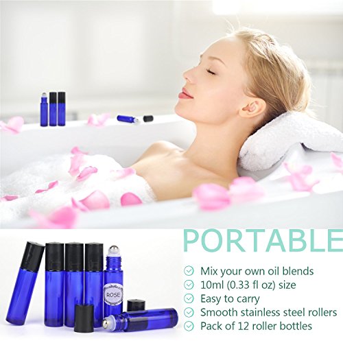 12,10ml Roller Bottles for Essential Oils - Cobalt Blue, Glass with Stainless Steel Roller Balls by Mavogel ( 3 Extra Roller Balls, 30 Pieces Labels, Opener, Funnel, Dropper, Brush Included) - Thumbnail 5