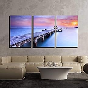 3 Piece Canvas Wall Art - Wooded Bridge in The Port Between Sunrise. - Modern Home Art Stretched and Framed Ready to Hang - 16"x24"x3 Panels