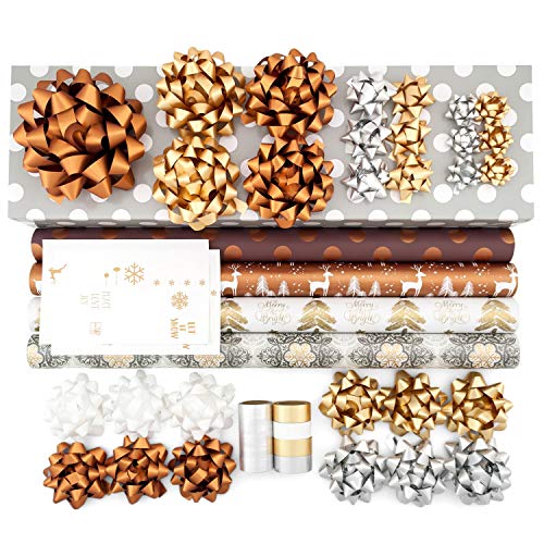 Gold + Copper + Silver Designer Wrapping Paper Set: 4 Rolls (8 Designs) of Premium Gift Wrap (80 sq. ft.) with 29 Coordinated Bows, 2 Spools of Ribbon, and 24 Gift Tags - Thumbnail 4