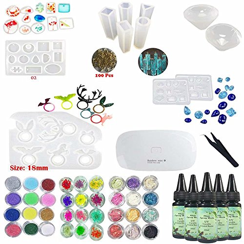 5 Pieces 30ML Crystal Epoxy Resin UV Glue,1 Pcs Mini UV LED Lamp, 1 Tweezer 3 Kit Set Decoration, 11Pcs Transparant Silicone Mould 100 Pieces Golden Rings Metal Accessories For Nail Art
