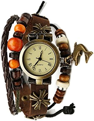 Retro Punk Handmade Multilayer Bracelet Dolphin Pendant Leather Strap Quartz Men Women Wrist Watch,Brown