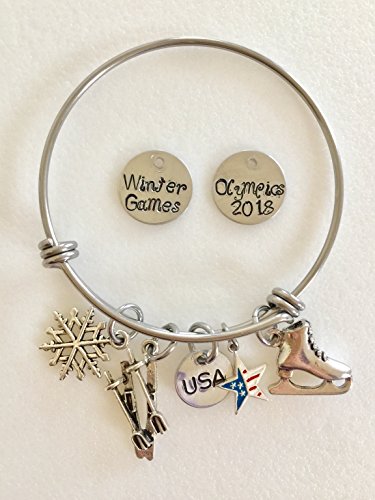 Winter Olympics Bangle, Olympics Charm Bracelet, Winter Sports, Olympic Games, Skiing, Ice Skating, USA Custom Stamp, Adjustable Bangle Bracelet. - Thumbnail 5
