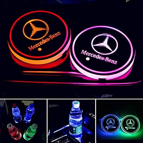 Aswelly 2pcs LED Car Cup Holder Lights for Merce-des-Ben-z, 7 Colors Changing USB Charging Mat Luminescent Cup Pad, LED Interior Atmosphere Lamp