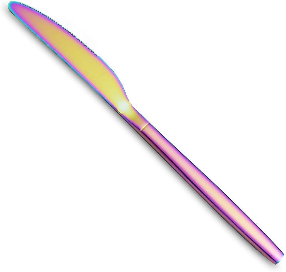  | Rainbow Dinner Knives 4 Pieces, Homquen Sturdy 9" Stainless Steel Modern Design Knife, Colorful Titanium Plating Knifes Set With Round Edge Dishwasher Safe: Flatware Sets