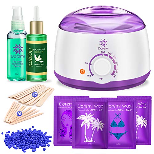 Doremi New Waxing Kit, Painless Hair Removal Home Kit,Multiple Formulas Target Different Type of Bikini, Facial, Armpit,Eyebrows, with Hot Wax Warmer, 4 Hard Wax Beans and 20 Wax Applicator Sticks