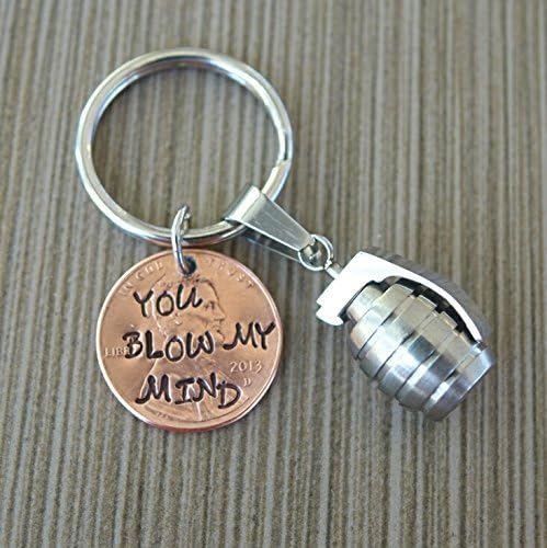 You Blow my mind keychain, you blow my mind, anniversary keychain, gift for him, anniversary gift, grenade, stainless steel keychain, penny, penny keychain, stamped penny, Valentines Gift