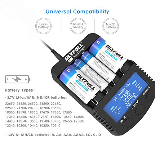 Dlyfull Pro Fast Battery Charger with LCD Display, 4 Slots Smart Battery Charger for 3.7V Li-ion 26650 22650 26500 18650 17500 17335 14500 & A AA AAA AAAA C SC D Ni-MH/CD Rechargeable Batteries - Thumbnail 2
