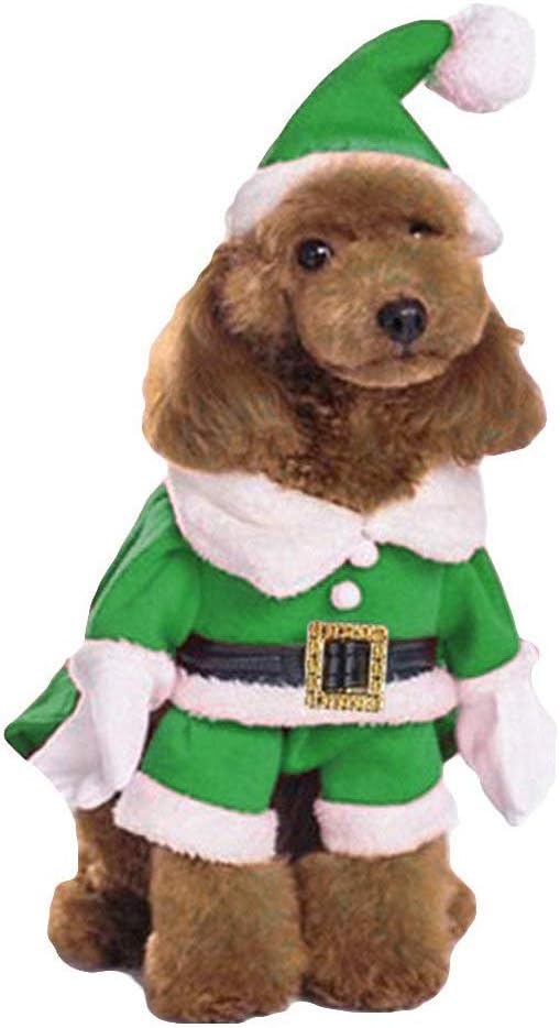 DELIFUR Pet Christmas Costumes - Dog & Cat Xmas Suit with Cap, Santa Claus Hoodies - Warm in Winter (Green, L)