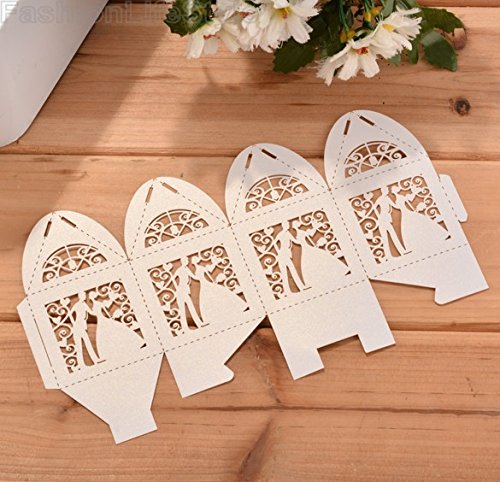 PONATIA 50pcs/Lot 2.3 Inches Laser Cut Pearl Paper Party Wedding Favor Ribbon Candy Boxes Gift Box White (Bride and Groom) - Thumbnail 3