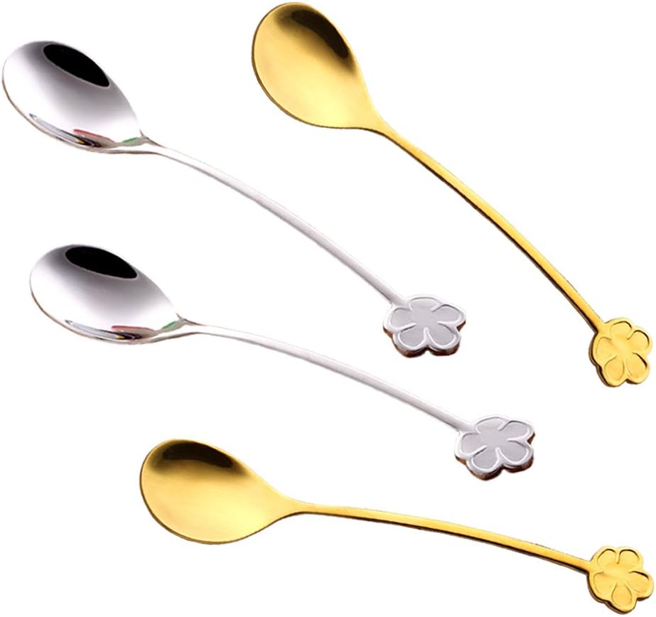 Coffee Spoons, Gift Spoons with Creative Curved Handle, UTours 304 Stainless Steel Plum Spoon Suitable For Lover, Friends, Family, Party, Wedding, Birthday (4 Pcs(2/Gold+2/Silver))