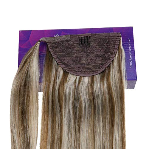 LaaVoo 18" Straight Long Ponytail Human Hair Extension Hairpiece Wrap Around Pony Tail Clip in Hair Extensions For Girl Lady Woman Highlight Color Light Brown to Light Blonde 80g