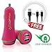 Pink USB Car Charger with FREE 2in1 Charging Cable - Portable Universal High Power Dual Port Output 4.8A/24W & Rapid Charge Lightning and Micro-USB Cable - Compatible with iPhone,Samsung,HTC,Garmin