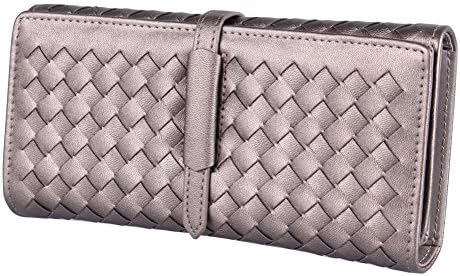 NINE MAX Women Woven Long Wallet PU Leather Trifold Card Hold Purse (Silver Grey)