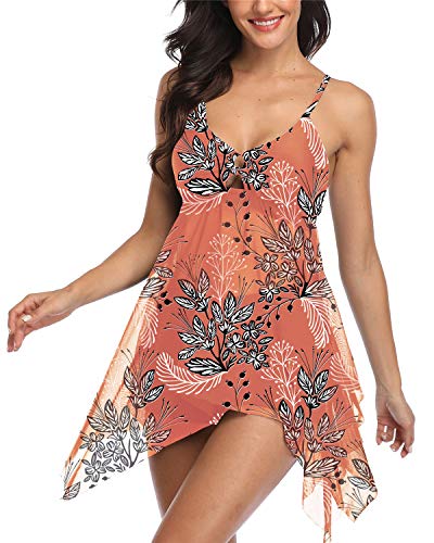 Temptme Women Swimsuit Two Piece Tankini Mesh Swimdress Floral Printed with Boyshort Bathing Suits - Thumbnail 2